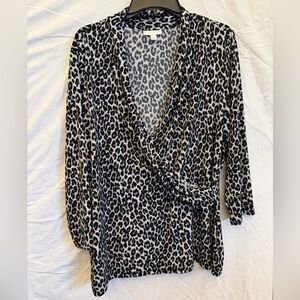 2X Charter Club Black and White Leopard-Print Wrap Top Blouse